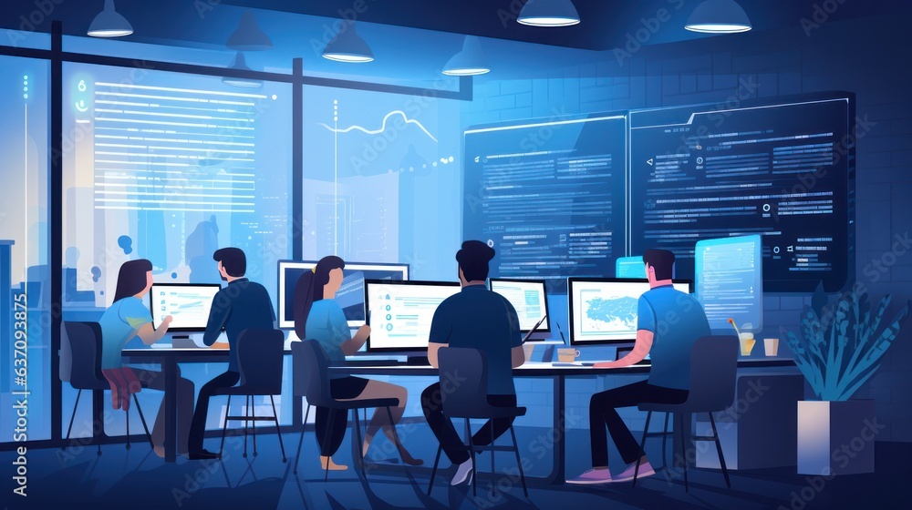 A scene showcasing a team of software developers coding, collaborating, and testing applications in a modern development environment A scene showcasing a team of software developers coding, collaborating, and testing applications in a modern development environment