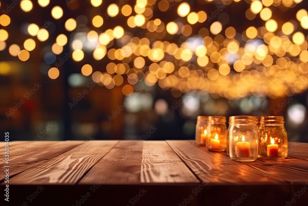 Enchanted Evening: Wooden Table Bathed in Bokeh Lights at Night (Generative AI)