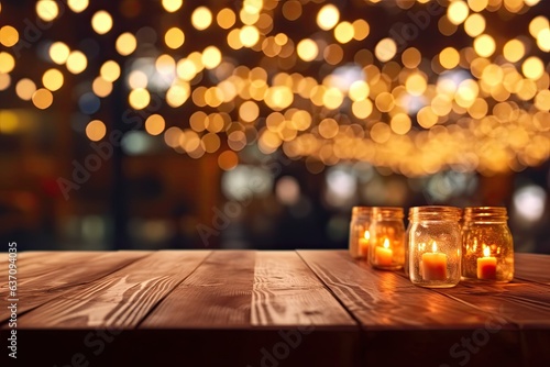Enchanted Evening  Wooden Table Bathed in Bokeh Lights at Night  Generative AI 