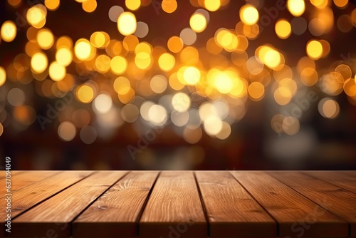 Nighttime Elegance: Empty Wooden Table with Bokeh Lights in Background (Generative AI)