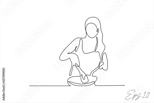 continuous line vector illustration of woman cooking