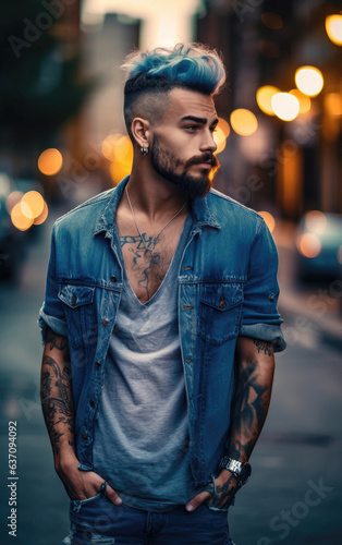 Gorgeous Model Man with Denim Blue Shirt Fashion Photography City background