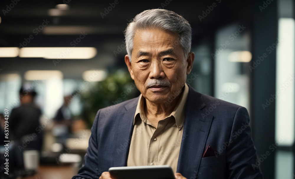 Obraz premium Old asian male professional employee using digital tablet in the office
