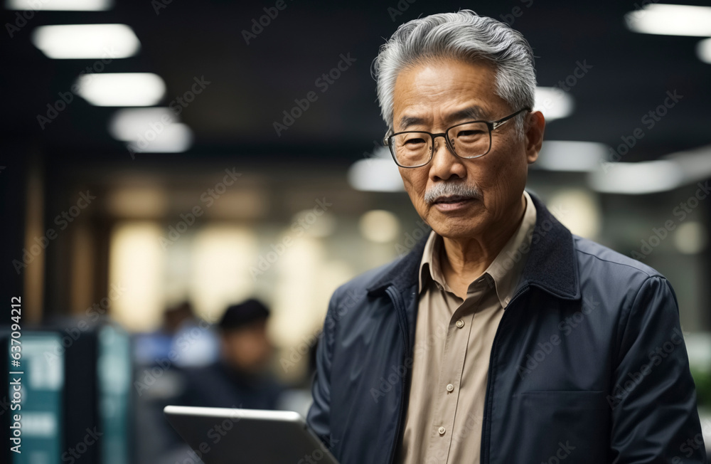 Obraz premium Old asian male professional employee using digital tablet in the office