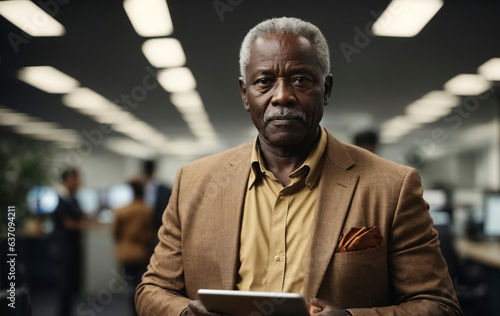 Old african male professional employee using digital tablet in the office