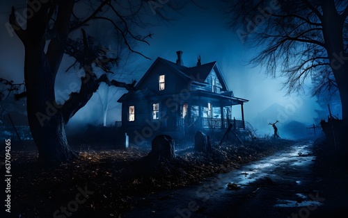 spooky haunted house at night.