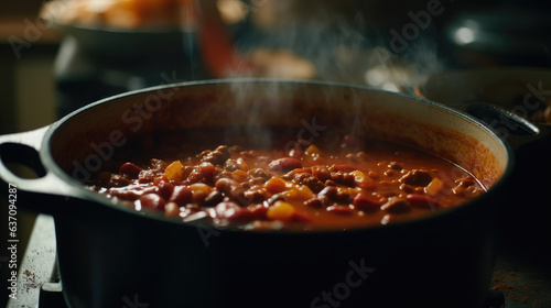 close-up of simmering chili in a pot.