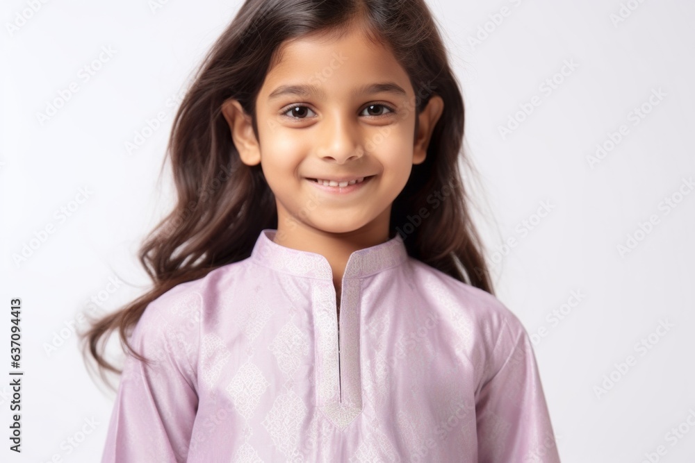 Lifestyle portrait of an Indian child female wearing kurta pajama against a white background Lifestyle portrait of an Indian child female wearing kurta pajama against a white background