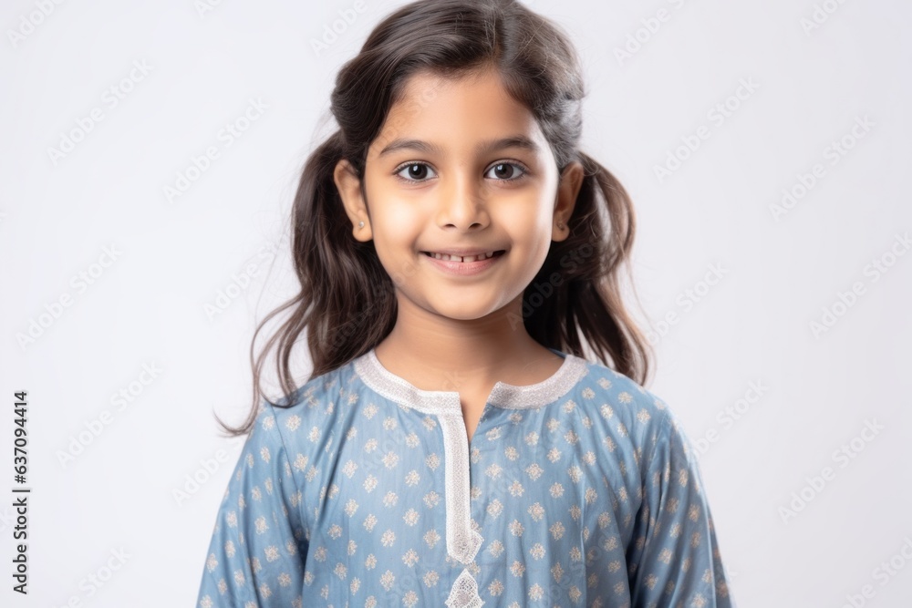 Lifestyle portrait of an Indian child female wearing kurta pajama against a white background Lifestyle portrait of an Indian child female wearing kurta pajama against a white background