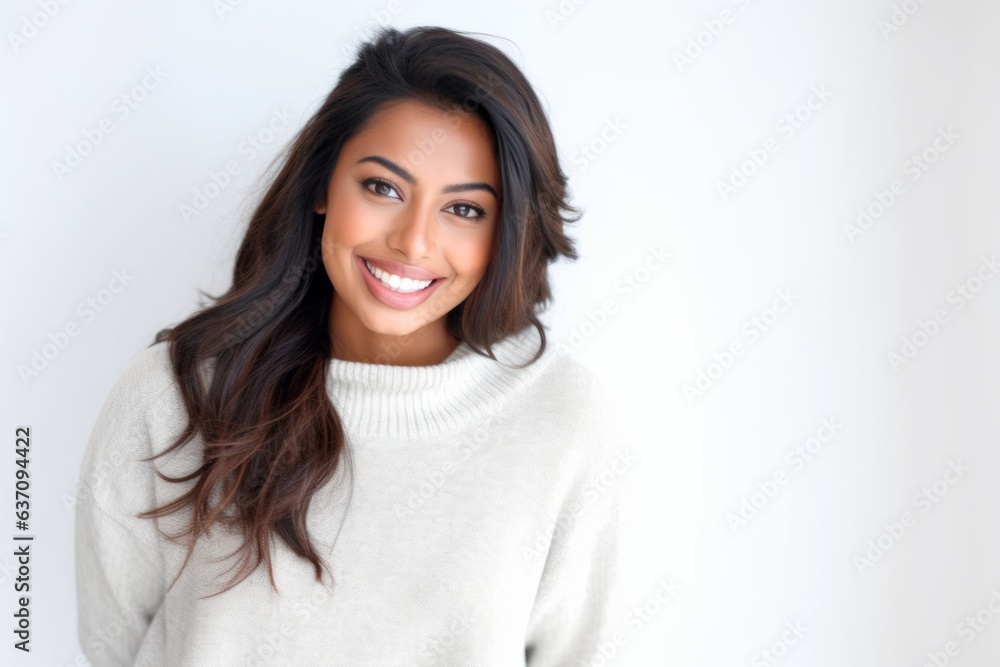 Lifestyle portrait of an Indian woman in her 20s against a white background Lifestyle portrait of an Indian woman in her 20s against a white background
