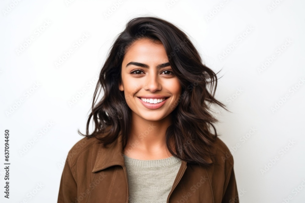 Medium shot portrait of an Indian woman in her 20s against a white background Medium shot portrait of an Indian woman in her 20s against a white background