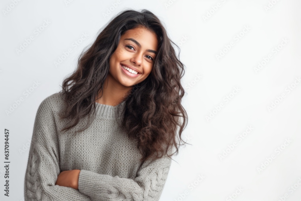 Lifestyle portrait of an Indian woman in her 20s against a white background