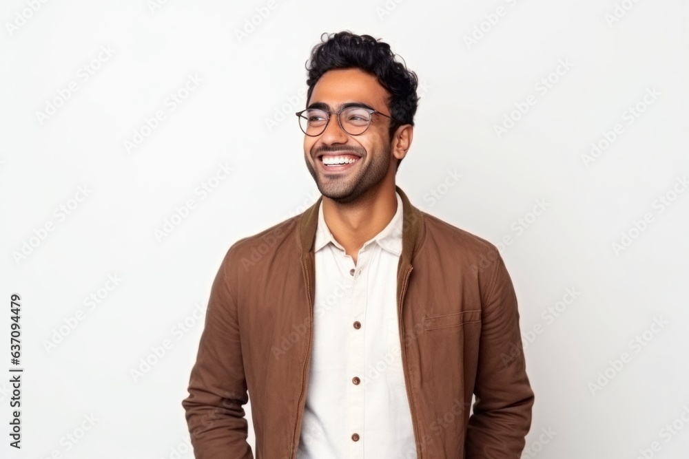 Medium shot portrait of an Indian man in his 20s against a white background Medium shot portrait of an Indian man in his 20s against a white background