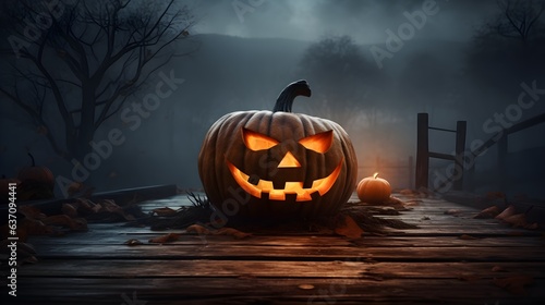 Halloween pumpkin on wooden in spooky night. Halloween background with copy space.