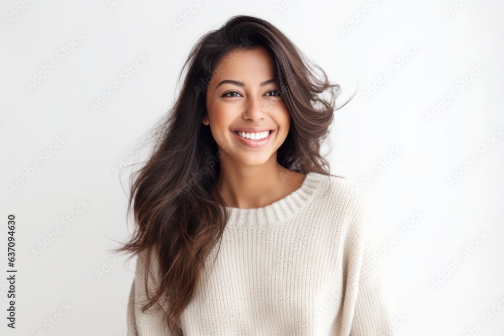 Lifestyle portrait of an Indian woman in her 30s against a white background Lifestyle portrait of an Indian woman in her 30s against a white background