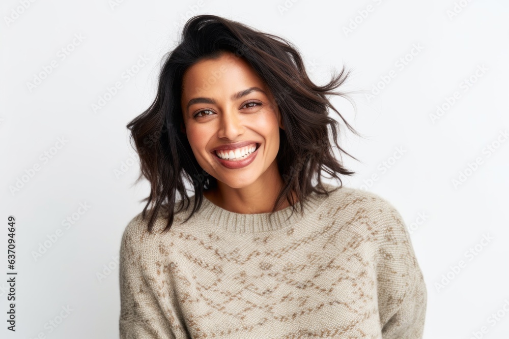 Fototapeta premium Lifestyle portrait of an Indian woman in her 30s against a white background