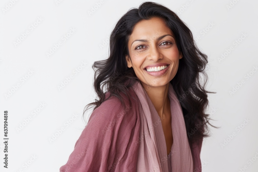 Lifestyle portrait of an Indian woman in her 30s against a white background Lifestyle portrait of an Indian woman in her 30s against a white background