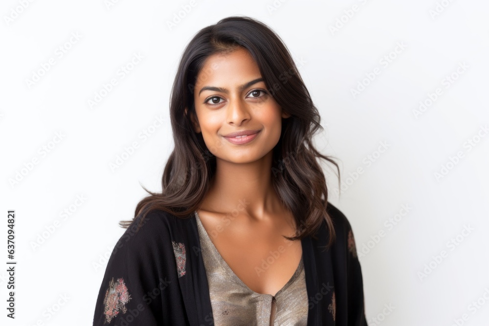 Lifestyle portrait of an Indian woman in her 30s against a white background Lifestyle portrait of an Indian woman in her 30s against a white background