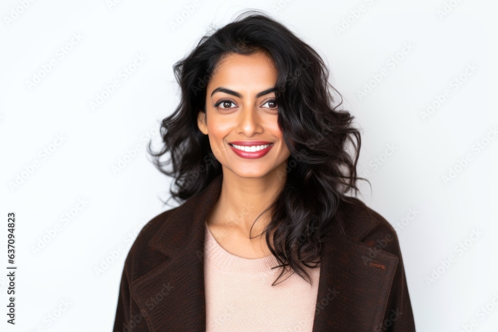 Lifestyle portrait of an Indian woman in her 30s against a white background Lifestyle portrait of an Indian woman in her 30s against a white background