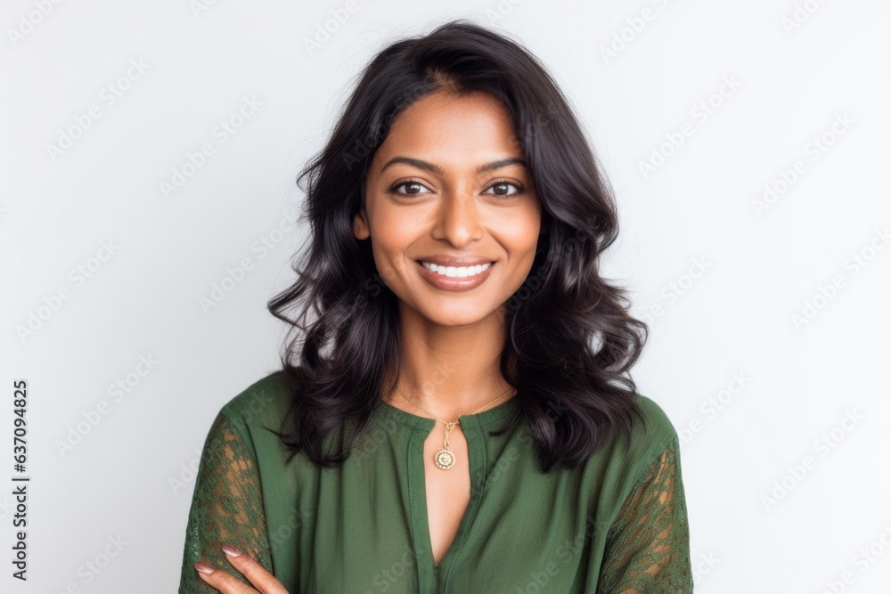Lifestyle portrait of an Indian woman in her 30s against a white background Lifestyle portrait of an Indian woman in her 30s against a white background
