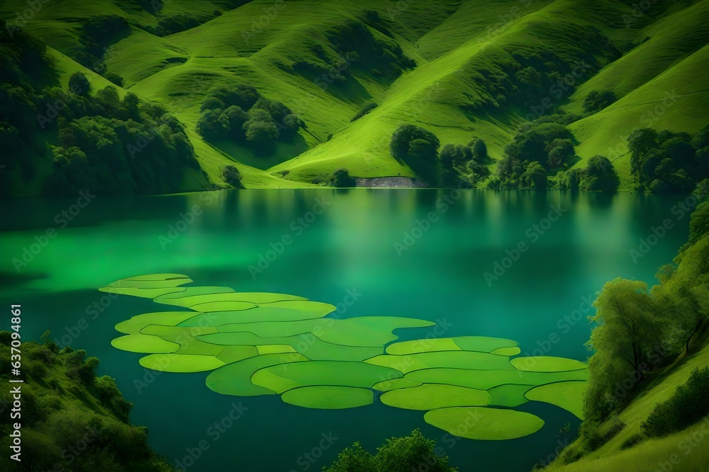Serene and tranquil lake nestled among lush green hills, reflecting the surrounding landscape - AI Generative