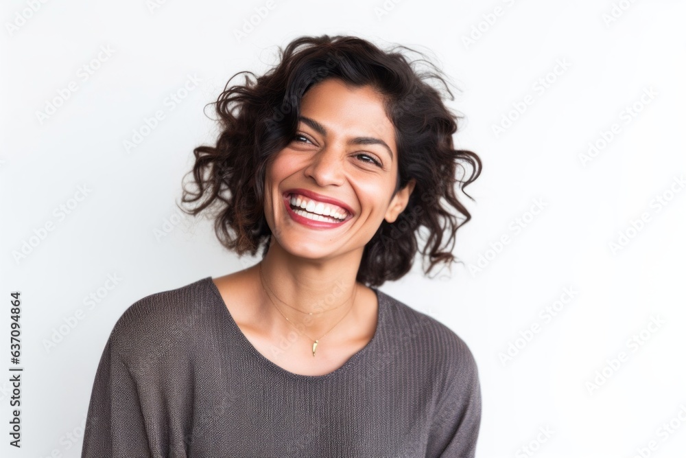 Lifestyle portrait of an Indian woman in her 30s against a white background Lifestyle portrait of an Indian woman in her 30s against a white background