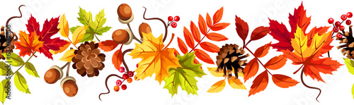 Seamless border with red, orange, yellow, and green autumn leaves, acorns, rowan berries, and pine cones. Vector illustration