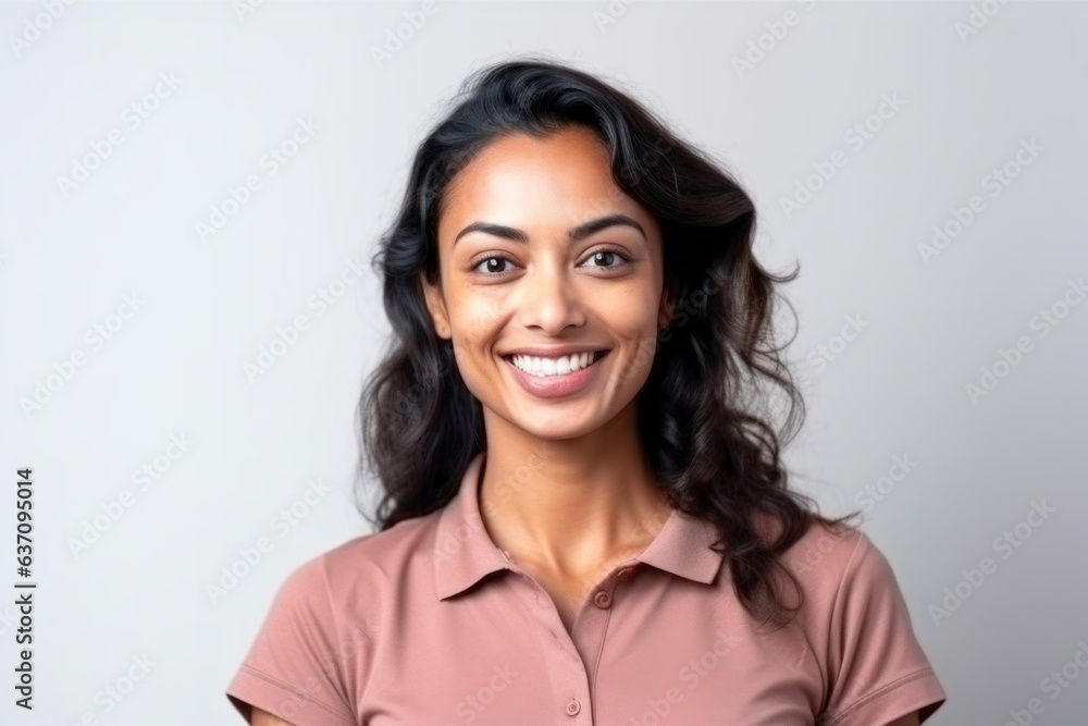 Medium shot portrait of an Indian woman in her 30s wearing a sporty polo shirt against a white background Medium shot portrait of an Indian woman in her 30s wearing a sporty polo shirt against a white background