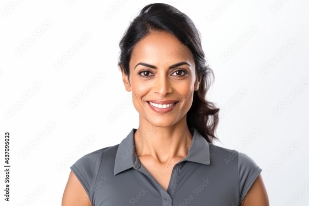 Medium shot portrait of an Indian woman in her 30s wearing a sporty polo shirt against a white background Medium shot portrait of an Indian woman in her 30s wearing a sporty polo shirt against a white background