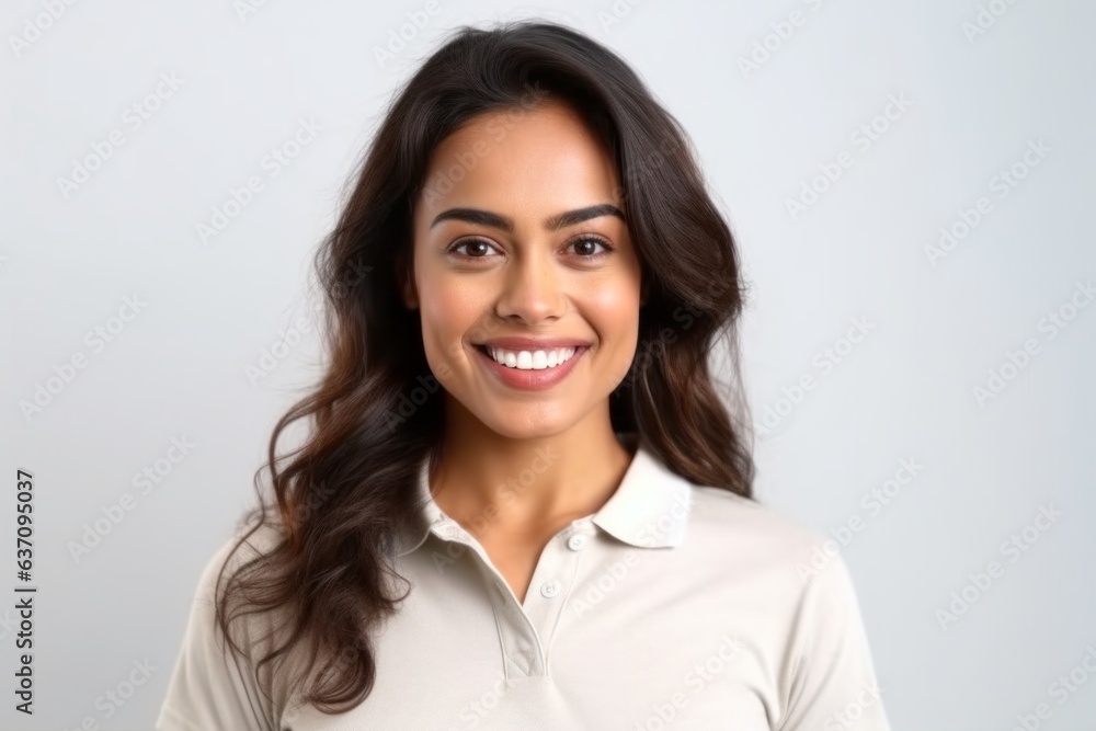 Medium shot portrait of an Indian woman in her 30s wearing a sporty polo shirt against a white background Medium shot portrait of an Indian woman in her 30s wearing a sporty polo shirt against a white background