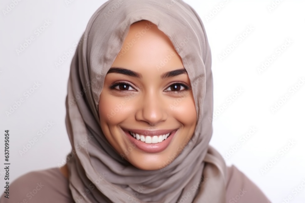 Medium shot portrait of an Indian woman in her 30s wearing hijab against a white background Medium shot portrait of an Indian woman in her 30s wearing hijab against a white background