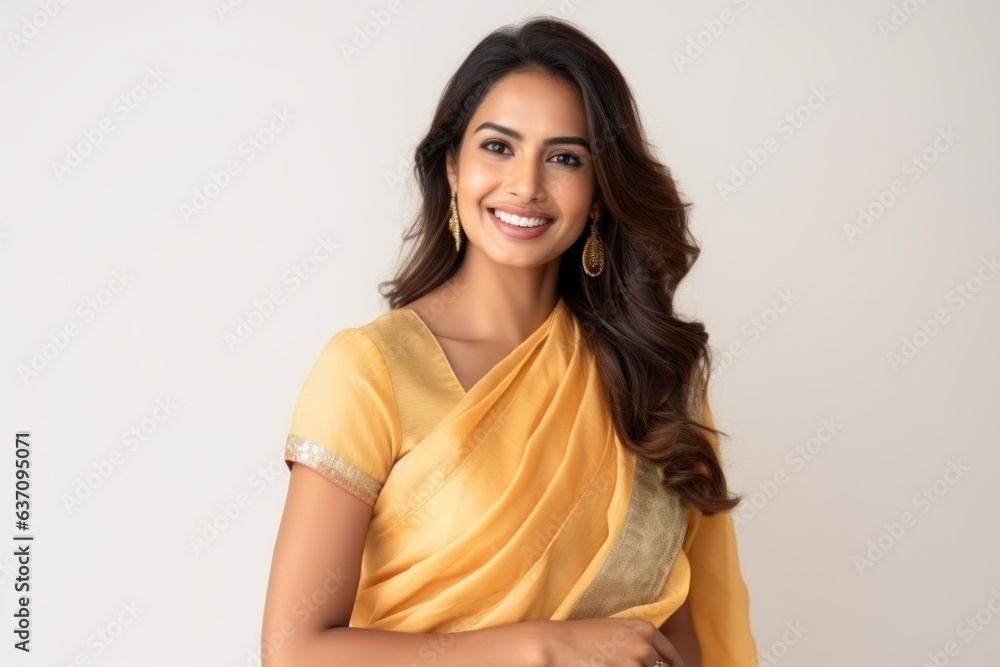Medium shot portrait of an Indian woman in her 30s wearing traditional sari against a white background