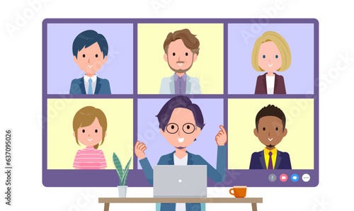 複数人でオンライン会議をしているビジネス男性のセット。正面アングル