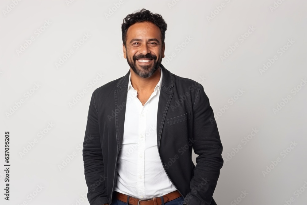 Medium shot portrait of an Indian man in his 30s against a white background Medium shot portrait of an Indian man in his 30s against a white background