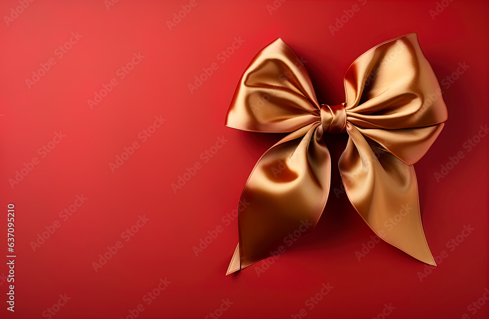 Gold bow. Gold bow on red background, generative ai. Gift bow Valentine's Day. Women's Day. Mothers Day. New Year. Gift background, postcard, banner. Gold bow. Gold bow on red background, generative ai. Gift bow Valentine's Day. Women's Day. Mothers Day. New Year. Gift background, postcard, banner.