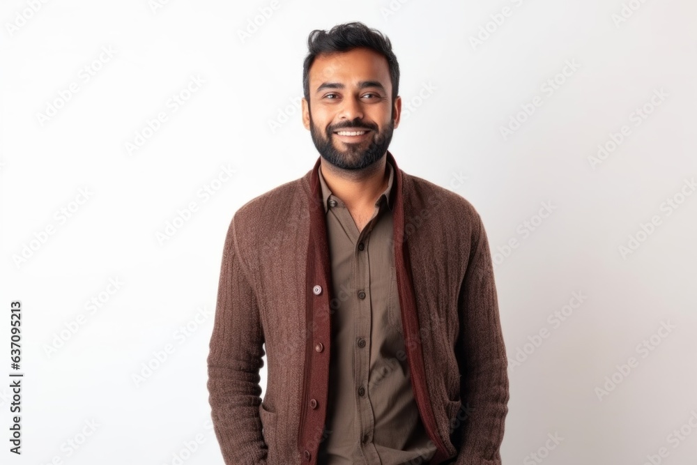 Medium shot portrait of an Indian man in his 30s against a white background Medium shot portrait of an Indian man in his 30s against a white background