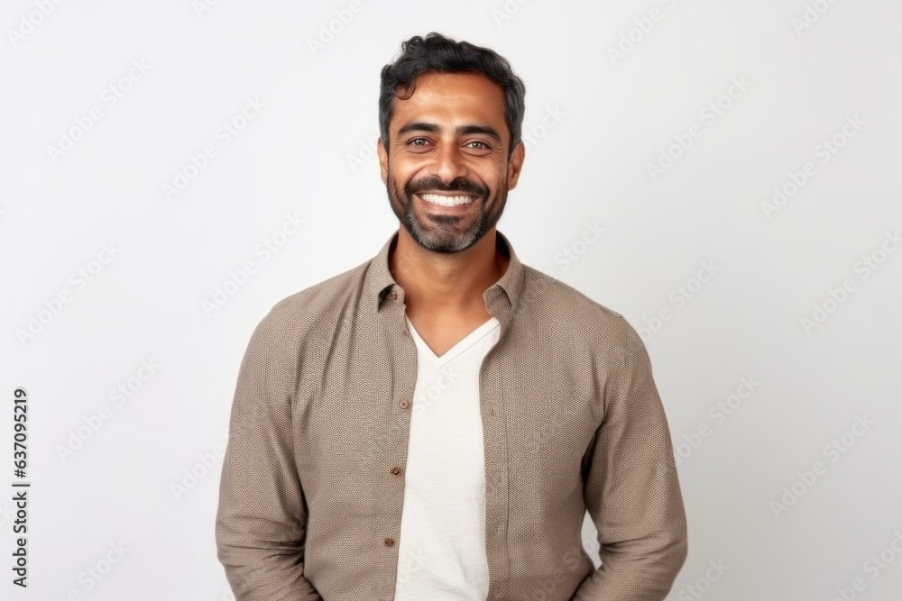 Medium shot portrait of an Indian man in his 30s against a white background Medium shot portrait of an Indian man in his 30s against a white background