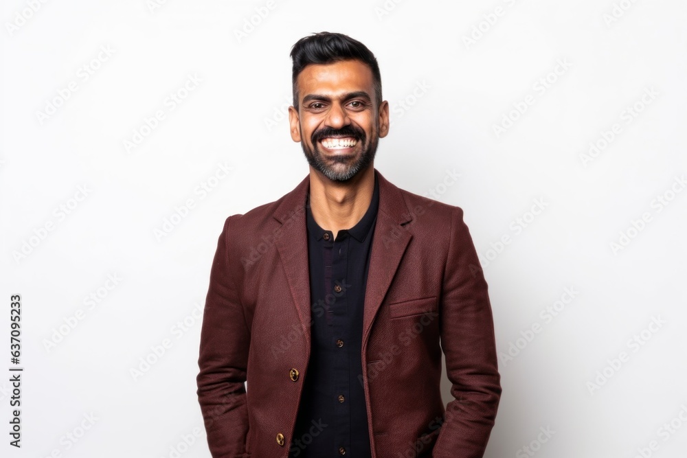 Medium shot portrait of an Indian man in his 30s against a white background Medium shot portrait of an Indian man in his 30s against a white background