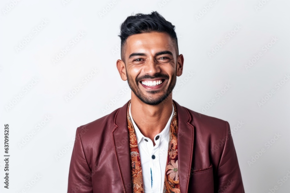 Medium shot portrait of an Indian man in his 30s against a white background Medium shot portrait of an Indian man in his 30s against a white background