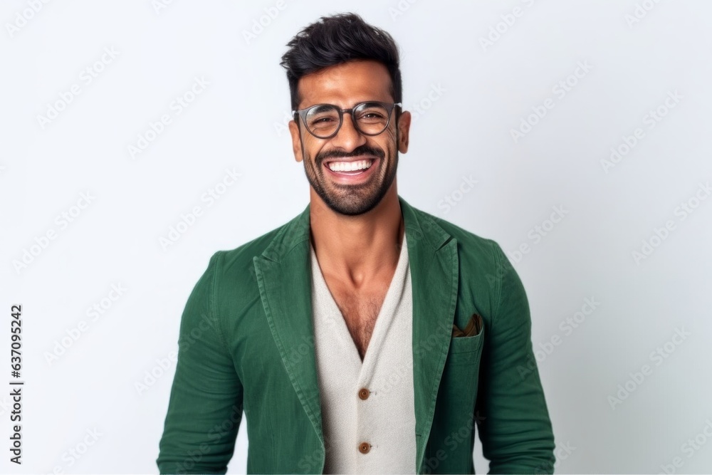 Medium shot portrait of an Indian man in his 30s against a white background Medium shot portrait of an Indian man in his 30s against a white background