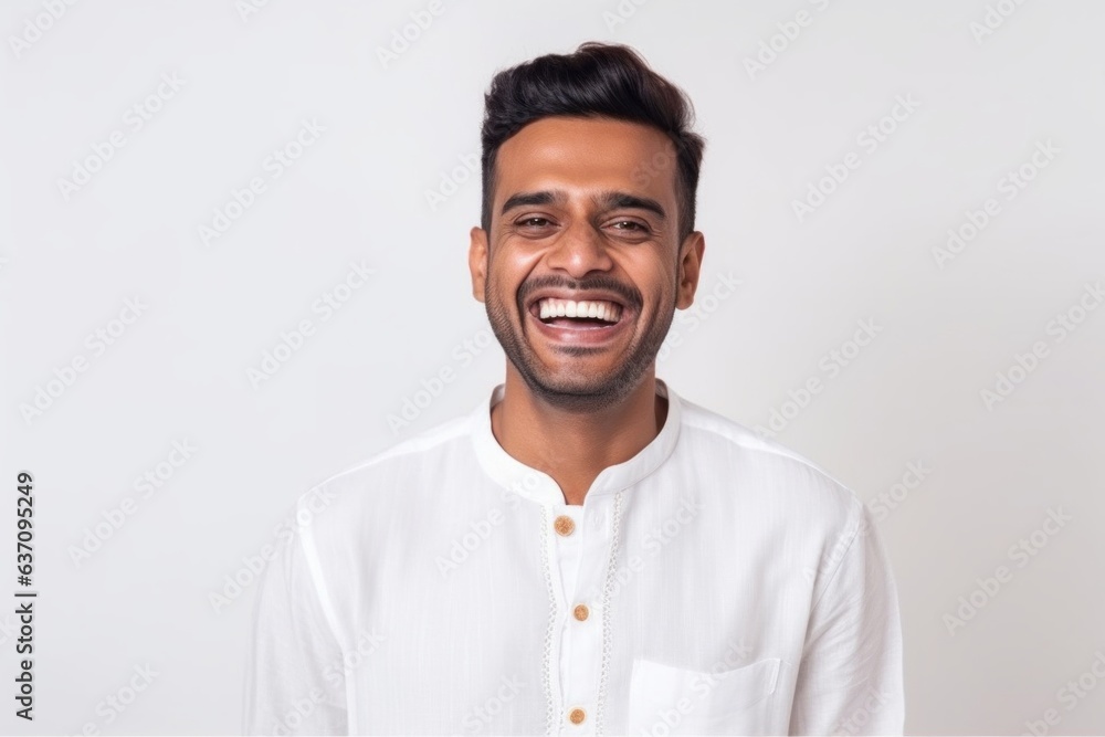 Medium shot portrait of an Indian man in his 30s against a white background Medium shot portrait of an Indian man in his 30s against a white background