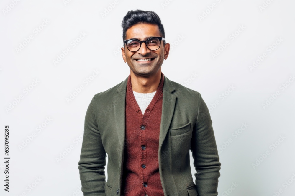Lifestyle portrait of an Indian man in his 30s against a white background Lifestyle portrait of an Indian man in his 30s against a white background