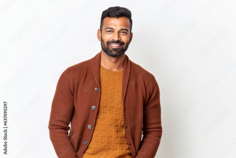 Lifestyle portrait of an Indian man in his 30s against a white background