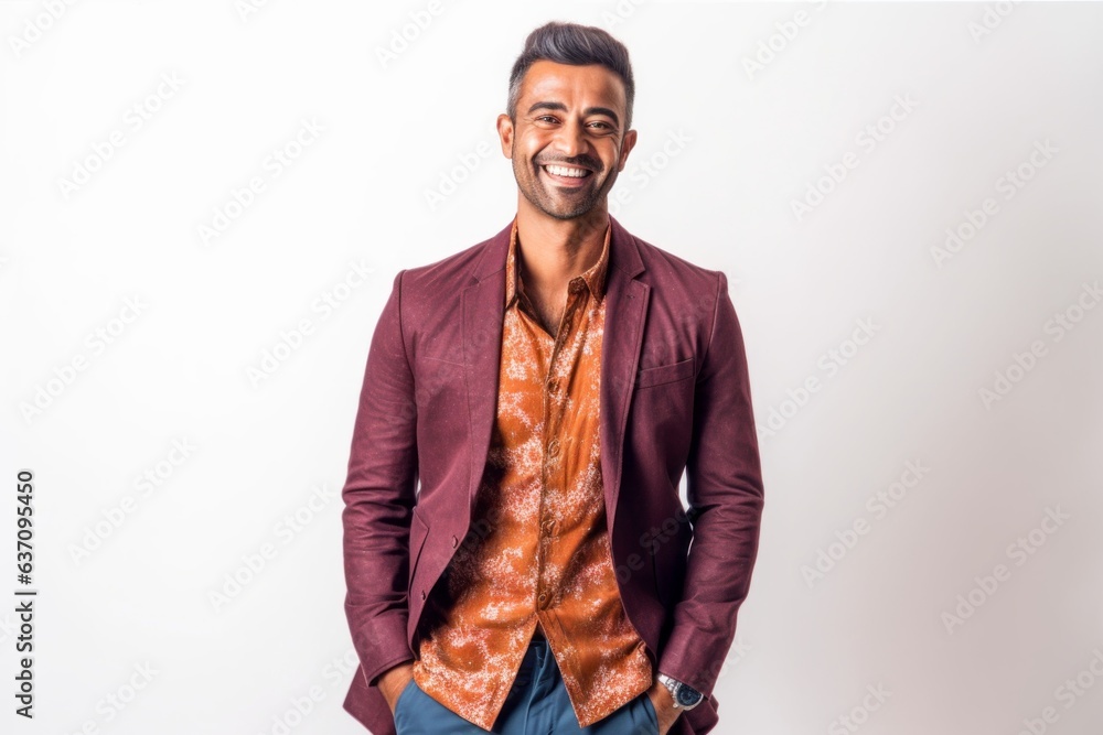 Obraz premium Lifestyle portrait of an Indian man in his 30s against a white background