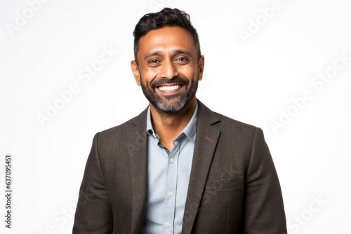Group portrait of an Indian man in his 30s against a white background