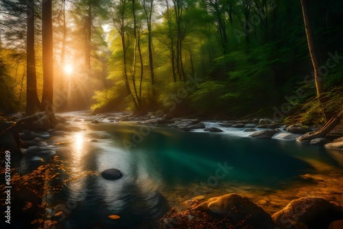 Sunny river, forest on the river with sunrise - AI Generative