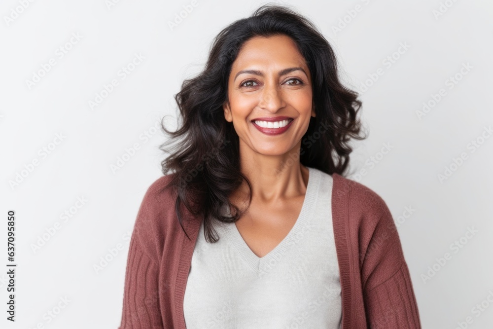 Lifestyle portrait of an Indian woman in her 40s against a white background Lifestyle portrait of an Indian woman in her 40s against a white background