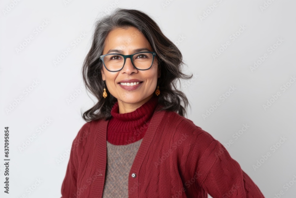 Group portrait of an Indian woman in her 40s against a white background