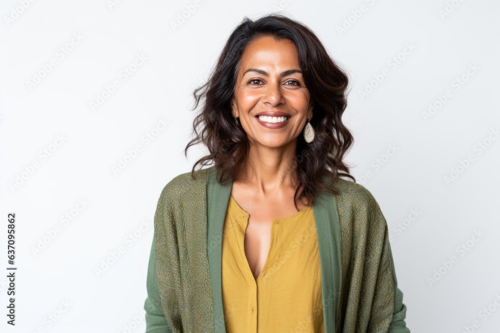 Lifestyle portrait of an Indian woman in her 40s against a white background Lifestyle portrait of an Indian woman in her 40s against a white background