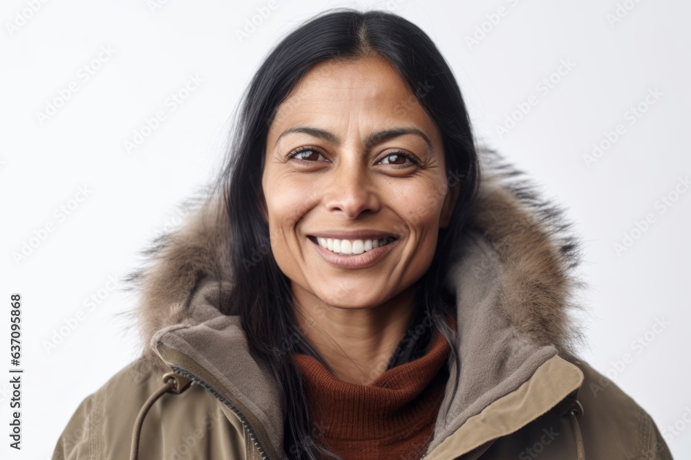 Medium shot portrait of an Indian woman in her 40s wearing a warm parka against a white background Medium shot portrait of an Indian woman in her 40s wearing a warm parka against a white background
